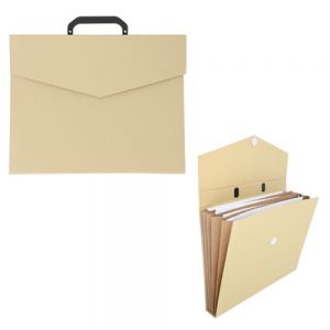 Portafolio de cartón con asa de plástico y broche de velcro, cuenta con 5 compartimentos internos para guardar documentos.